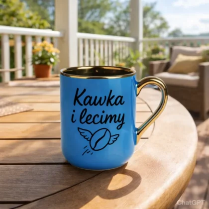 kubek złoty niebieski z grafiką logo - kawka i lecimy