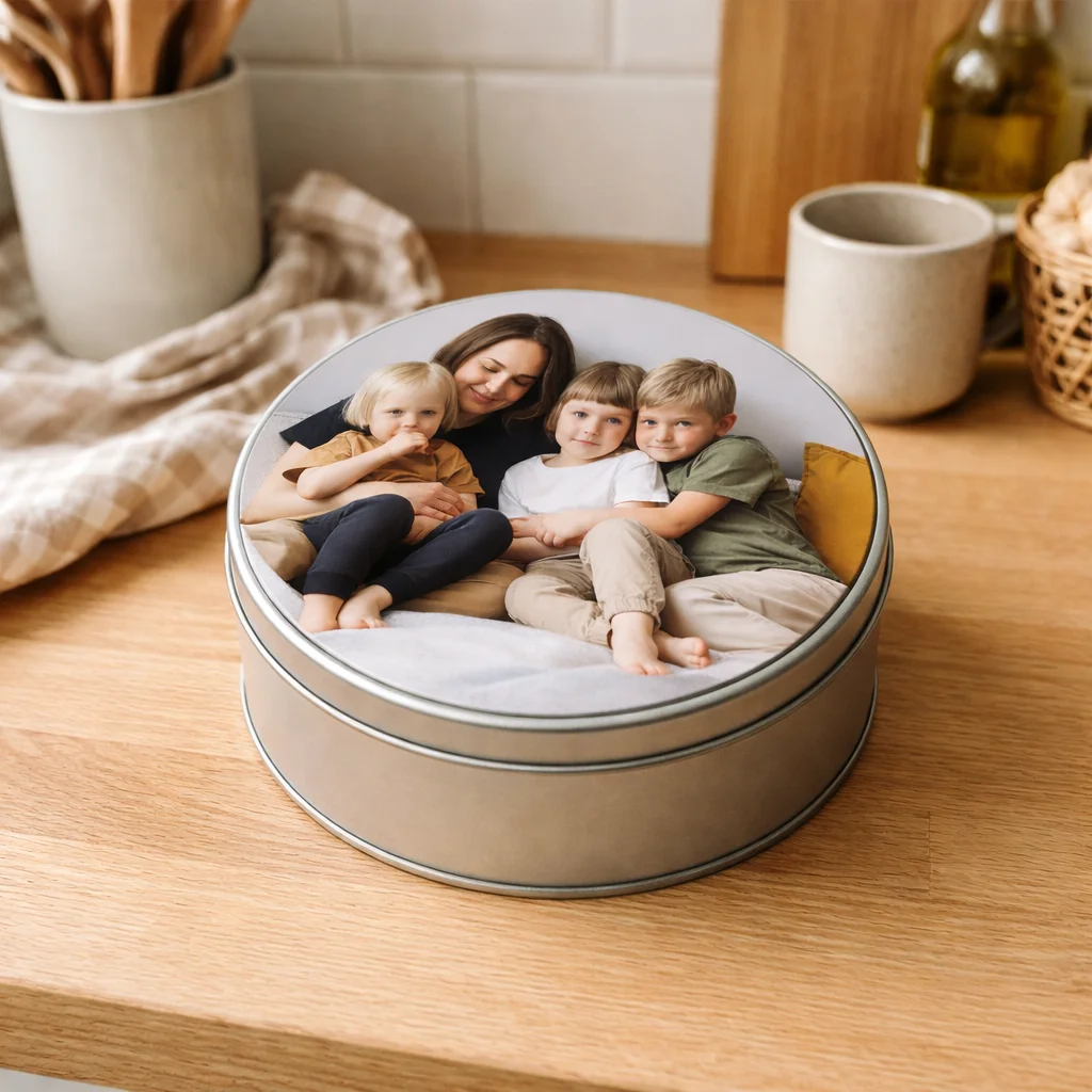 metalowe pudełko z własnym nadrukiem okrągłe