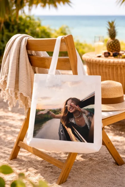 Torba z własnym zdjęciem nadrukiem logo biała na ramię