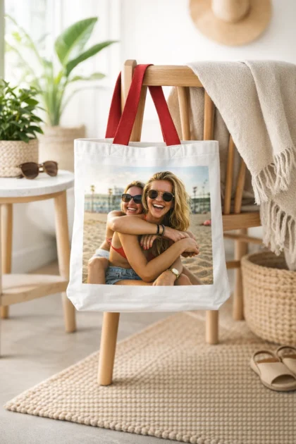 Torba z nadrukiem na ramię, czerwone uchwyty, 36,5x33,5cm