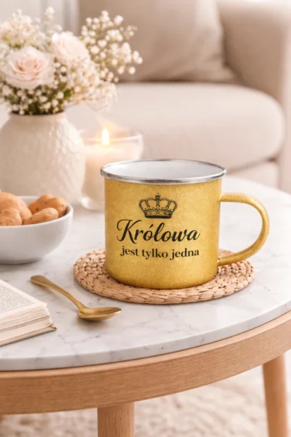 personalizowany złoty kubek z brokatem - królowa jest tylko jedna