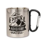 Stalowy kubek z nadrukiem stal nierdzewna z karabińczykiem czarna zapinka