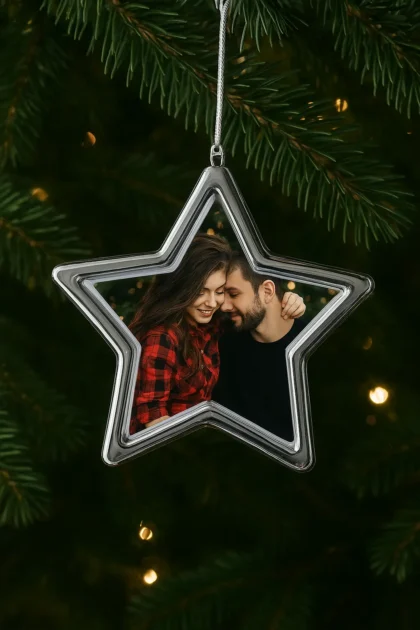 personalizowana bombka gwiazda ze zdjęciem - srebrna