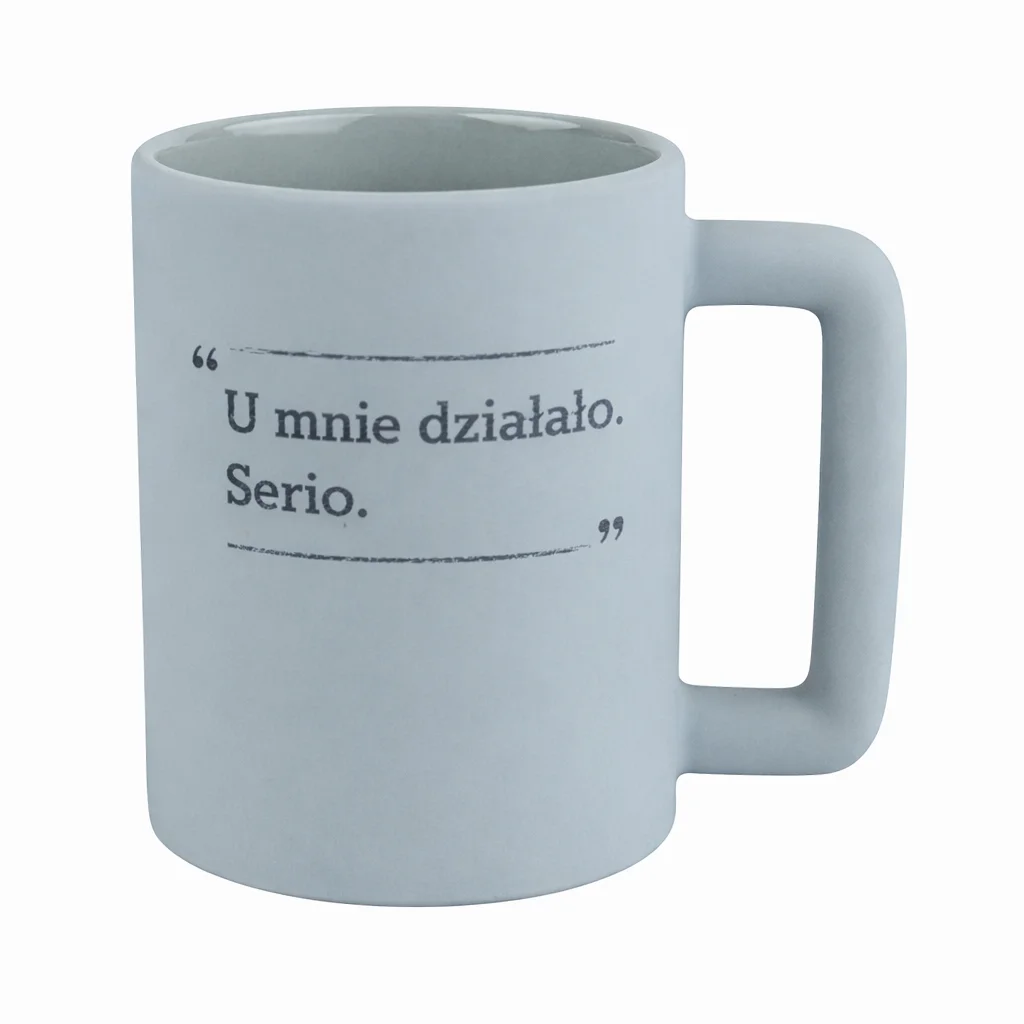 matowy kubek szary z własnym napisem grafiką 400ml kwadratowe ucho